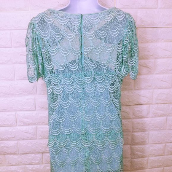 Vintage 70-80s Sheer Scalloped Lace Dress 6/8 Flutter Sleeve Snap-Back Turquoise - Picture 10 of 11